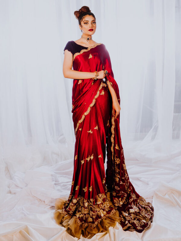 Pakistani Deep Crimson Embroidered Silk Saree (2-Piece) - Image 1