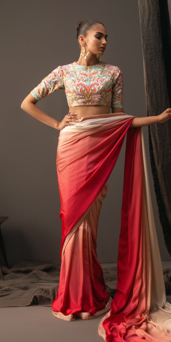 Red to Ivory Gradient Silk Saree (2-Piece) - Image 2