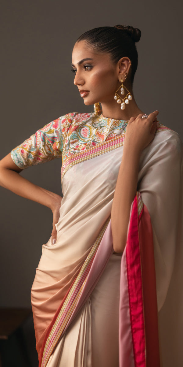 Red to Ivory Gradient Silk Saree (2-Piece) - Image 3