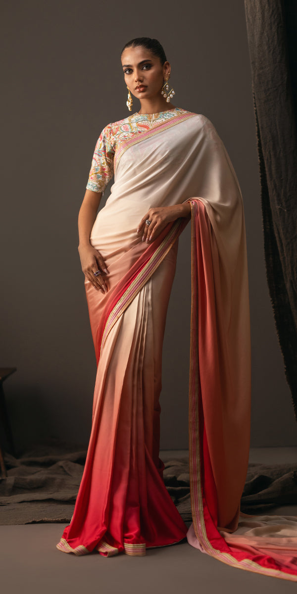 Red to Ivory Gradient Silk Saree (2-Piece) - Image 4