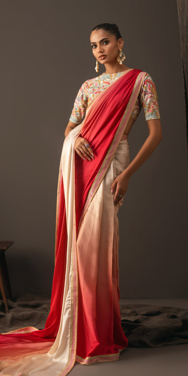 Red to Ivory Gradient Silk Saree (2-Piece) - Image 5