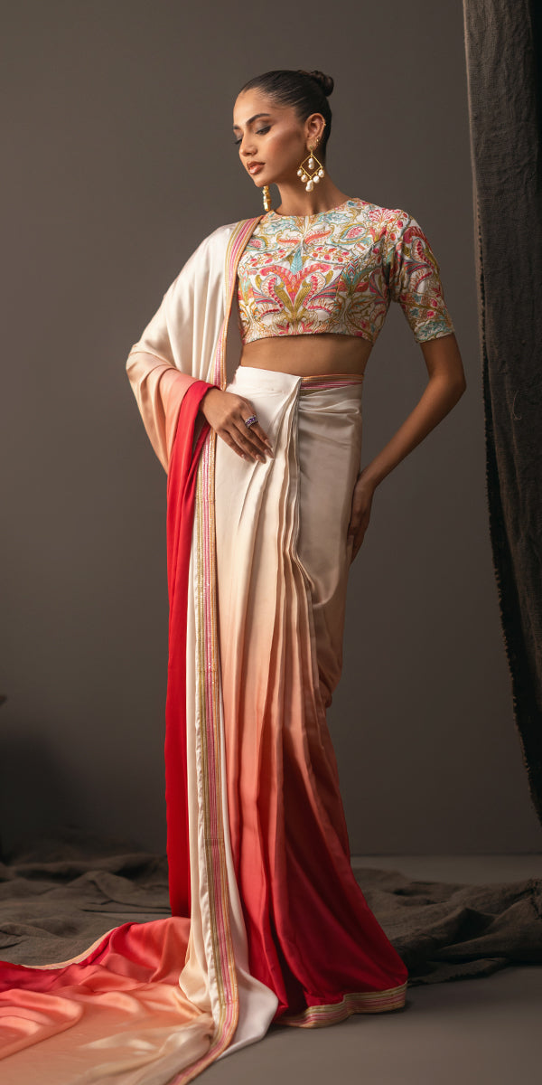 Red to Ivory Gradient Silk Saree (2-Piece) - Image 7