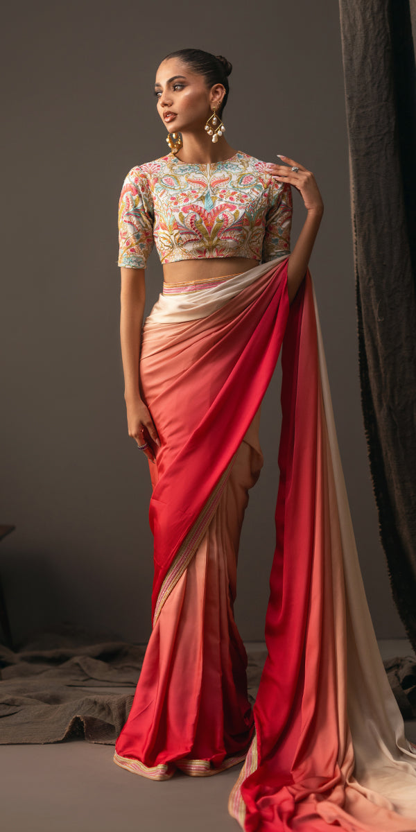 Red to Ivory Gradient Silk Saree (2-Piece) - Image 8