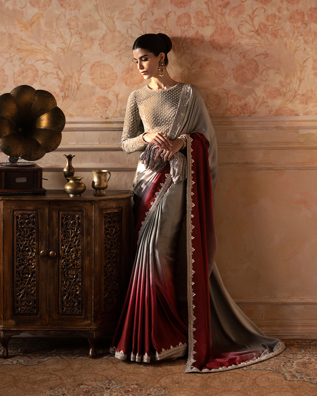 Pakistani Ombre Red Embroidered Silk Saree with Velvet Blouse (2-Piece) - Image 4