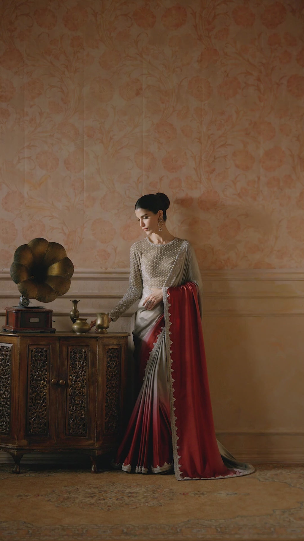 Pakistani Ombre Red Embroidered Silk Saree with Velvet Blouse (2-Piece) - Image 7