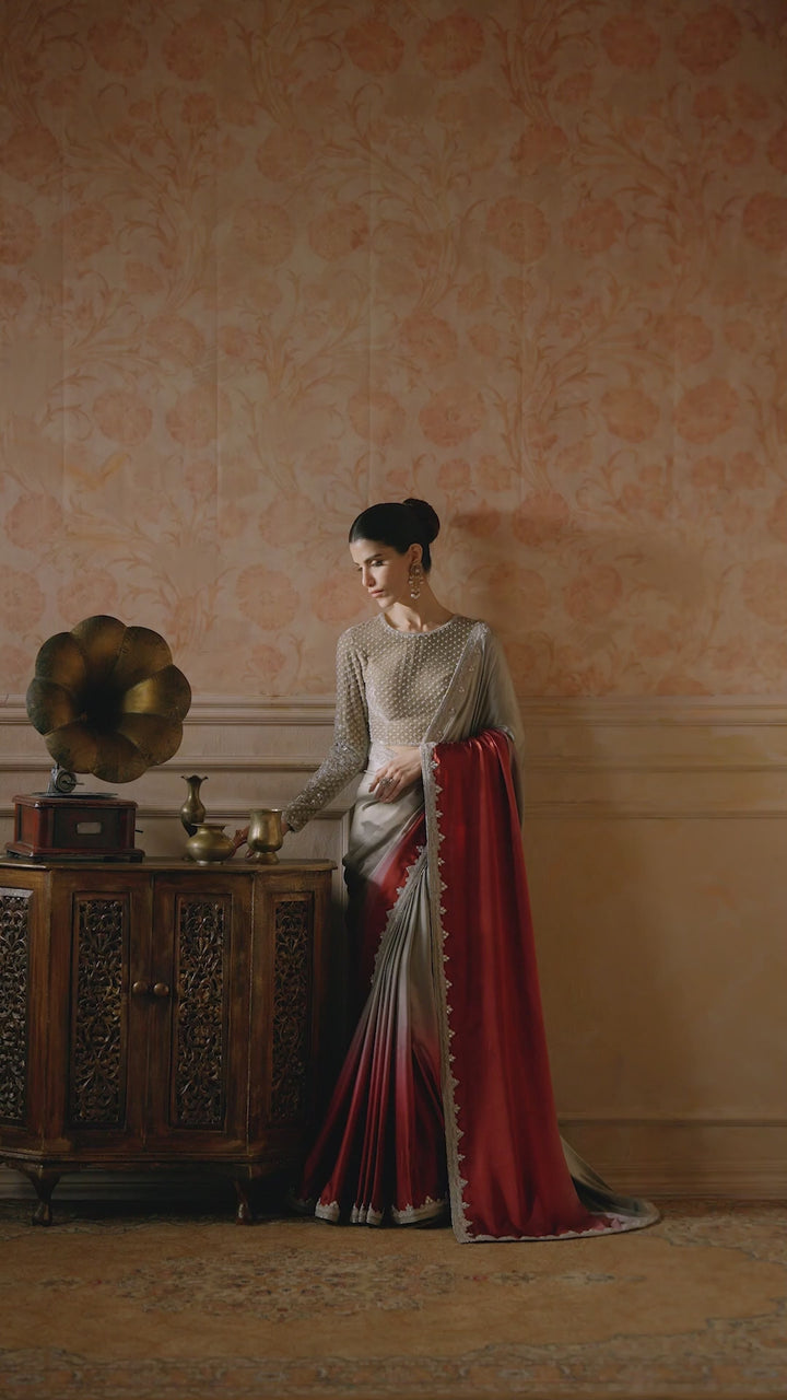 Ombre Red Embroidered Silk Saree with Velvet Blouse (2-Piece) - Image 7