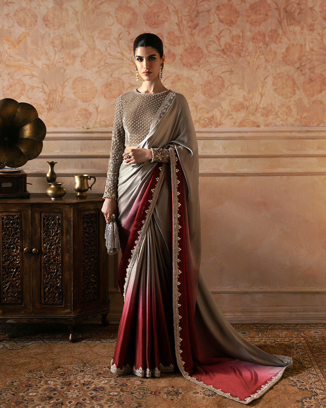 Pakistani Ombre Red Embroidered Silk Saree with Velvet Blouse (2-Piece) - Image 1