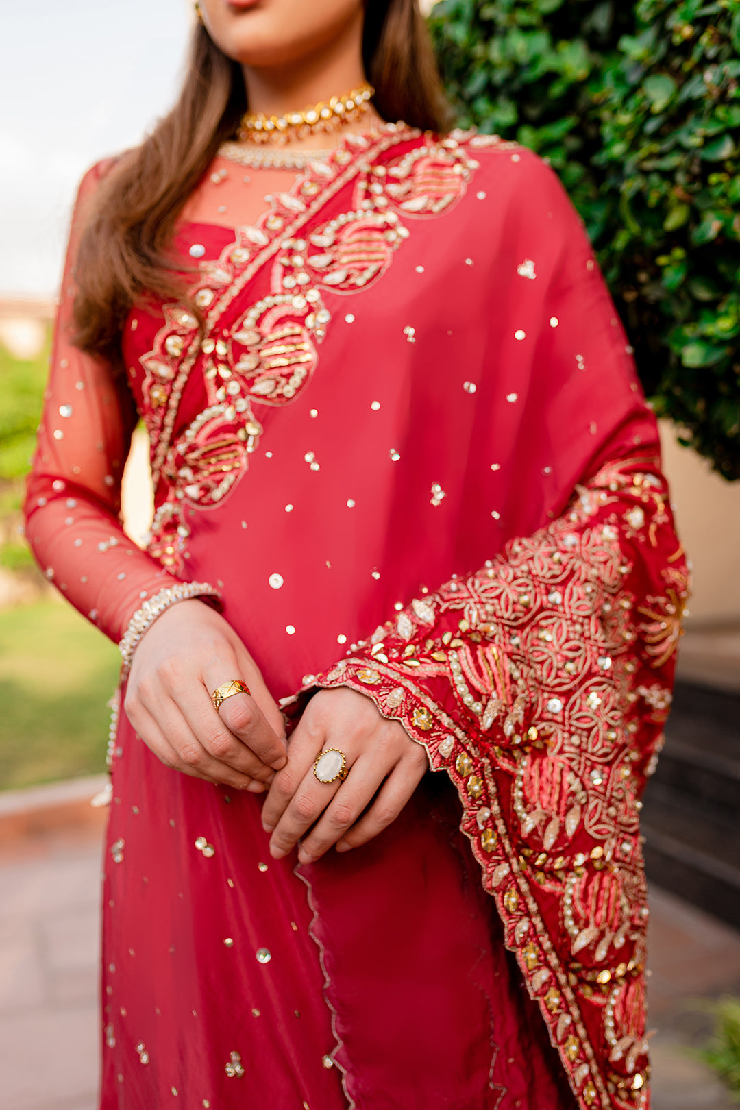 Deep Red Embellished Silk-Georgette Saree (2-Piece) - Image 2