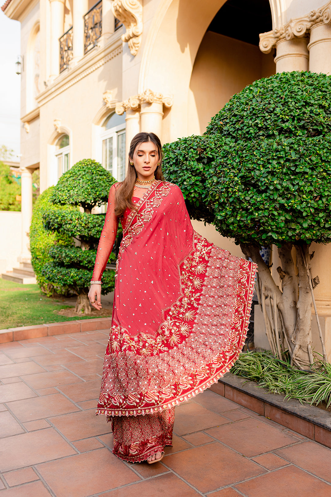 Deep Red Embellished Silk-Georgette Saree (2-Piece) - Image 3