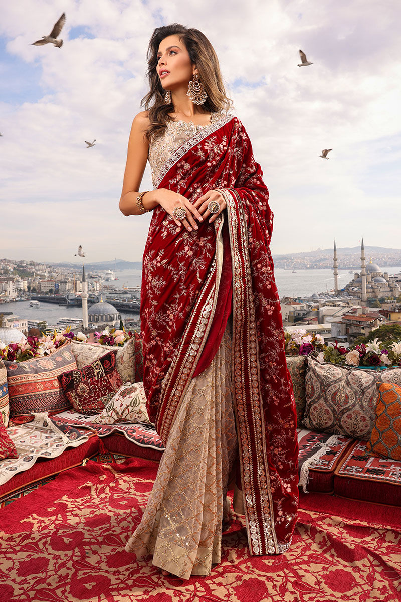 Scarlet Red Embroidered Velvet & Zari Net Saree (2-Piece) - Image 1