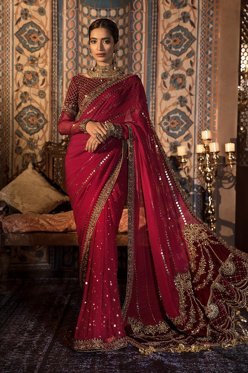 Pakistani Red Anari Embellished Velvet & Chiffon Saree (3-Piece) - Image 1