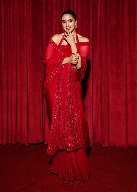 Pakistani Claret Red Swarovski Embellished Velvet Organza Saree (3-Piece) - Image 2