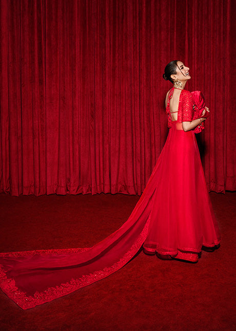 Pakistani Claret Red Swarovski Embellished Velvet Organza Saree (3-Piece) - Image 7