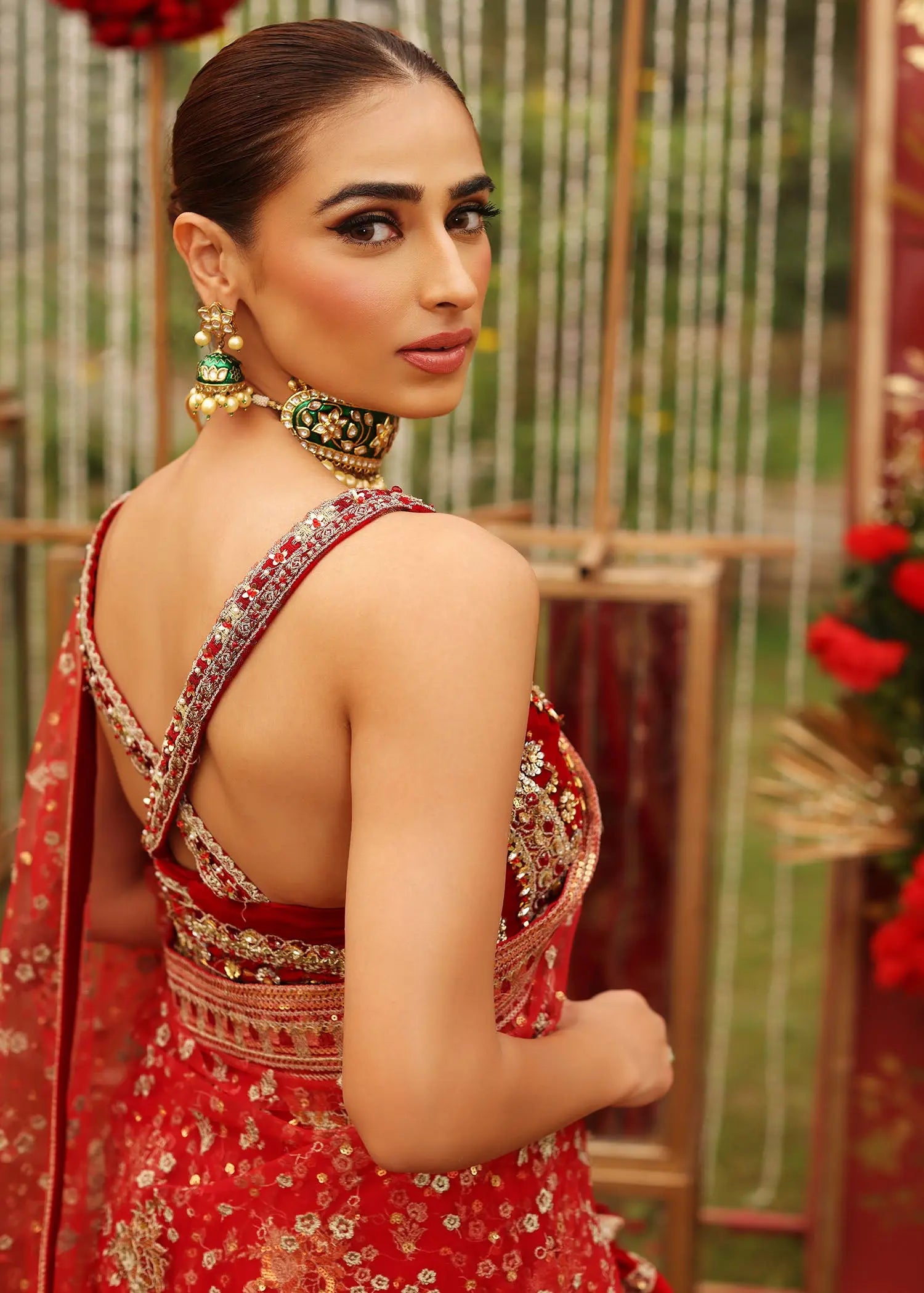 Ruby Red Embellished Velvet & Net Saree (2-Piece) - Image 2