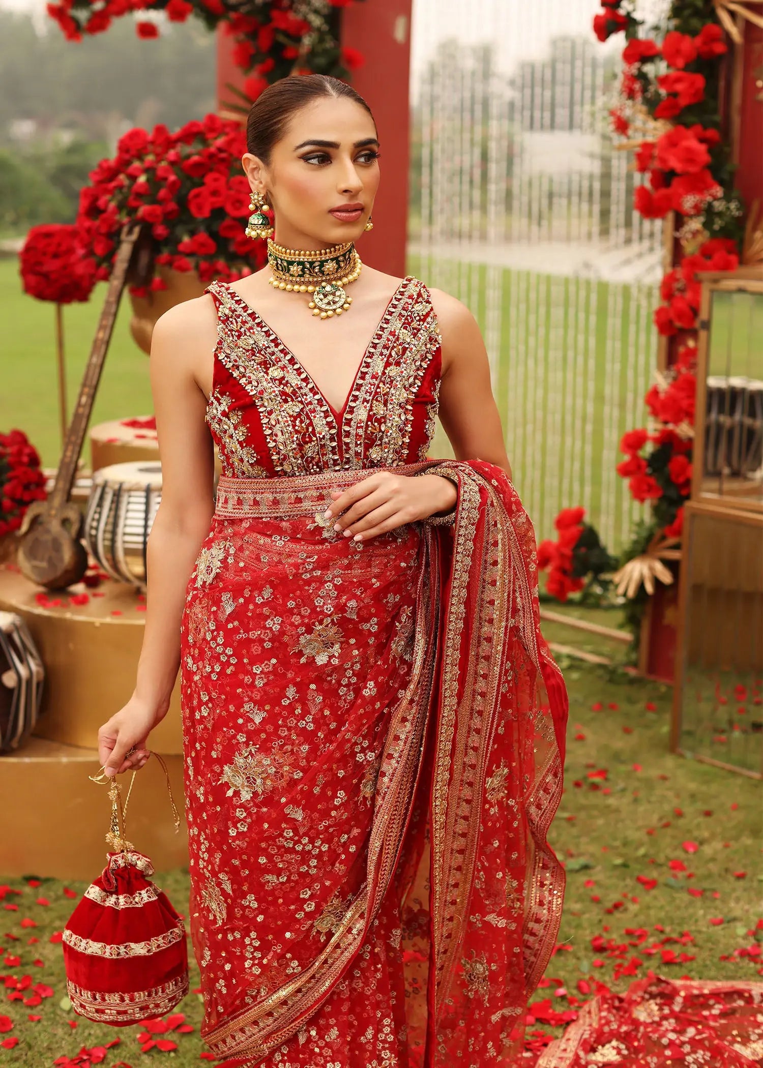 Ruby Red Embellished Velvet & Net Saree (2-Piece) - Image 4