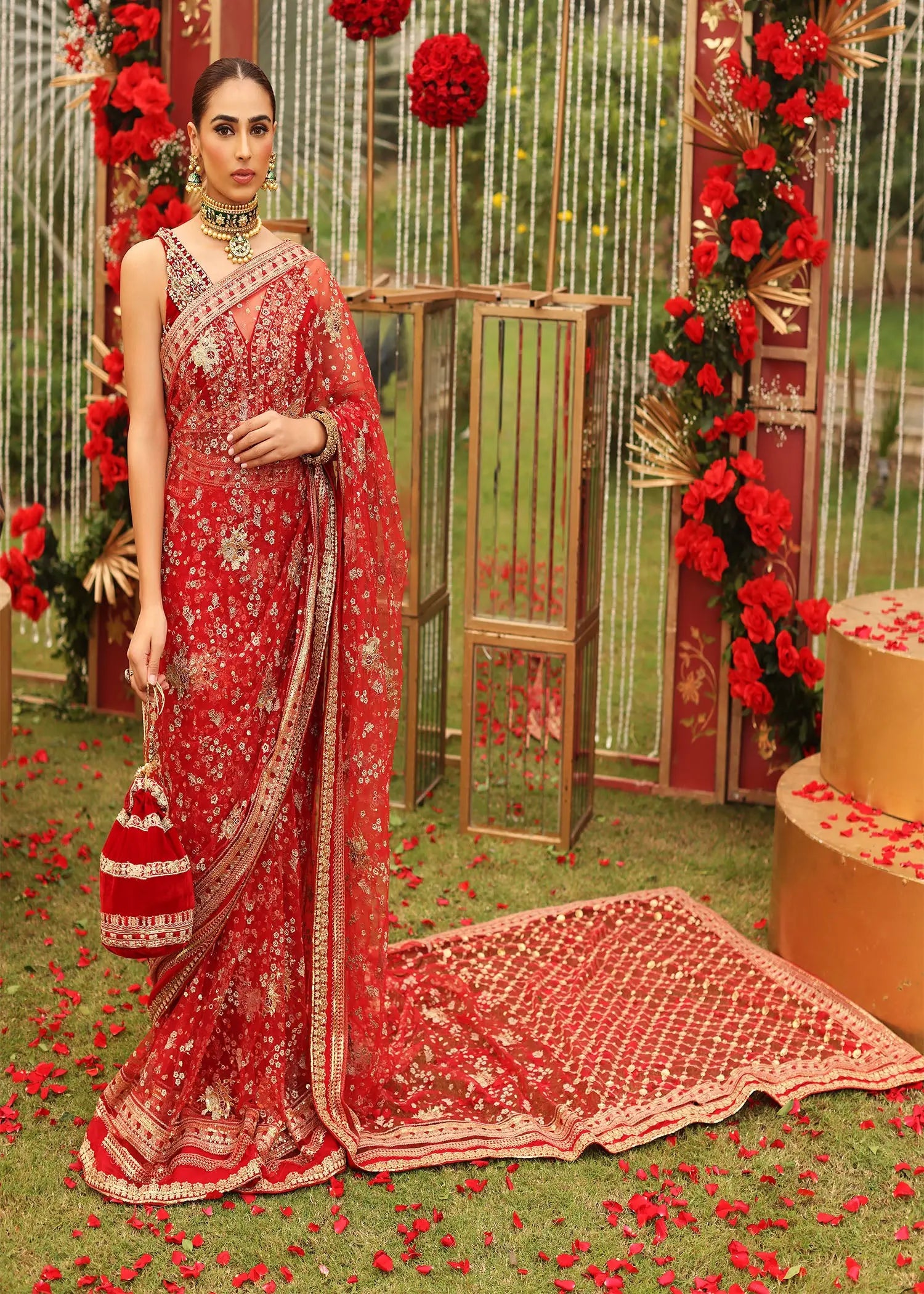 Ruby Red Embellished Velvet & Net Saree (2-Piece) - Image 5
