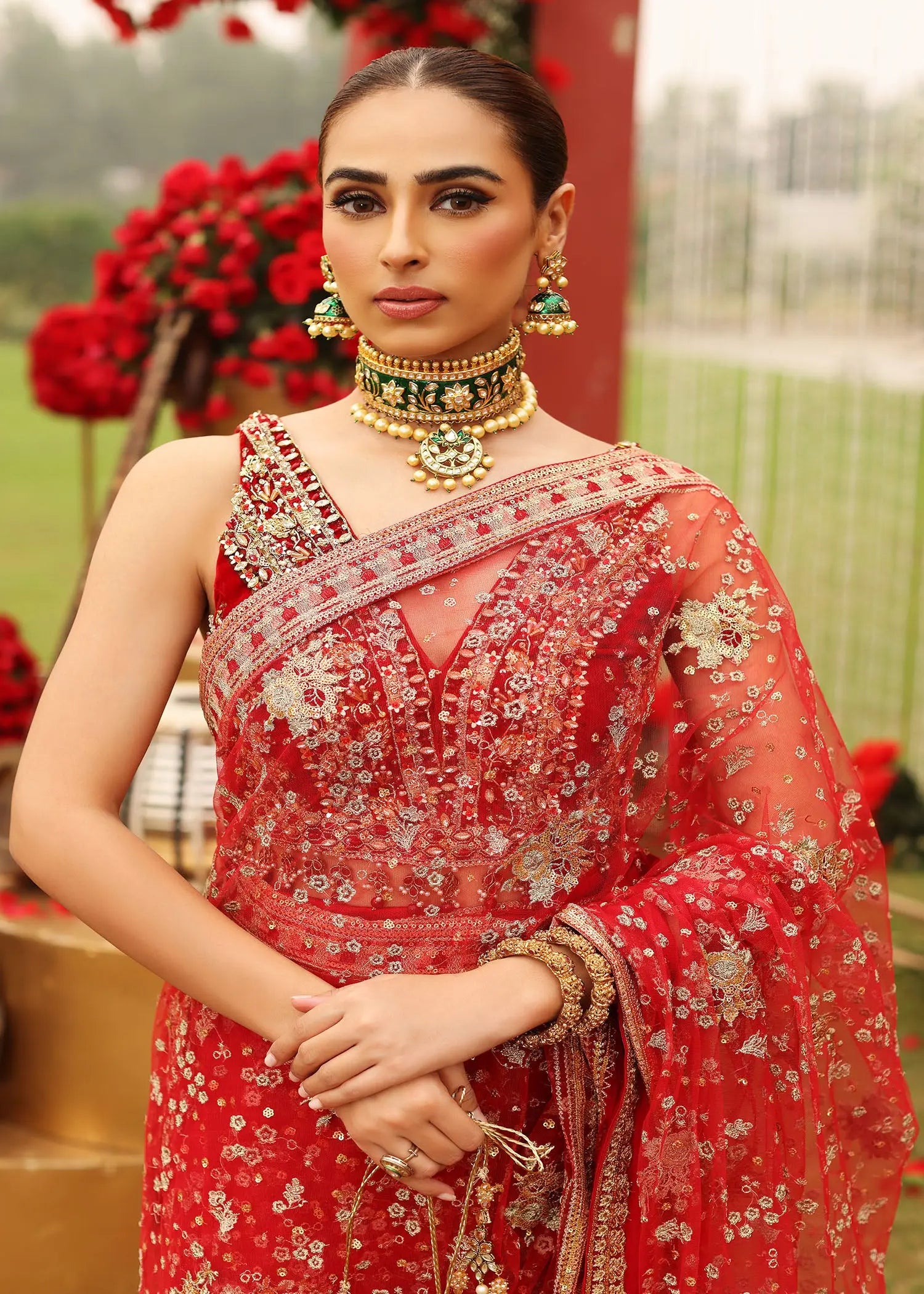 Ruby Red Embellished Velvet & Net Saree (2-Piece) - Image 6