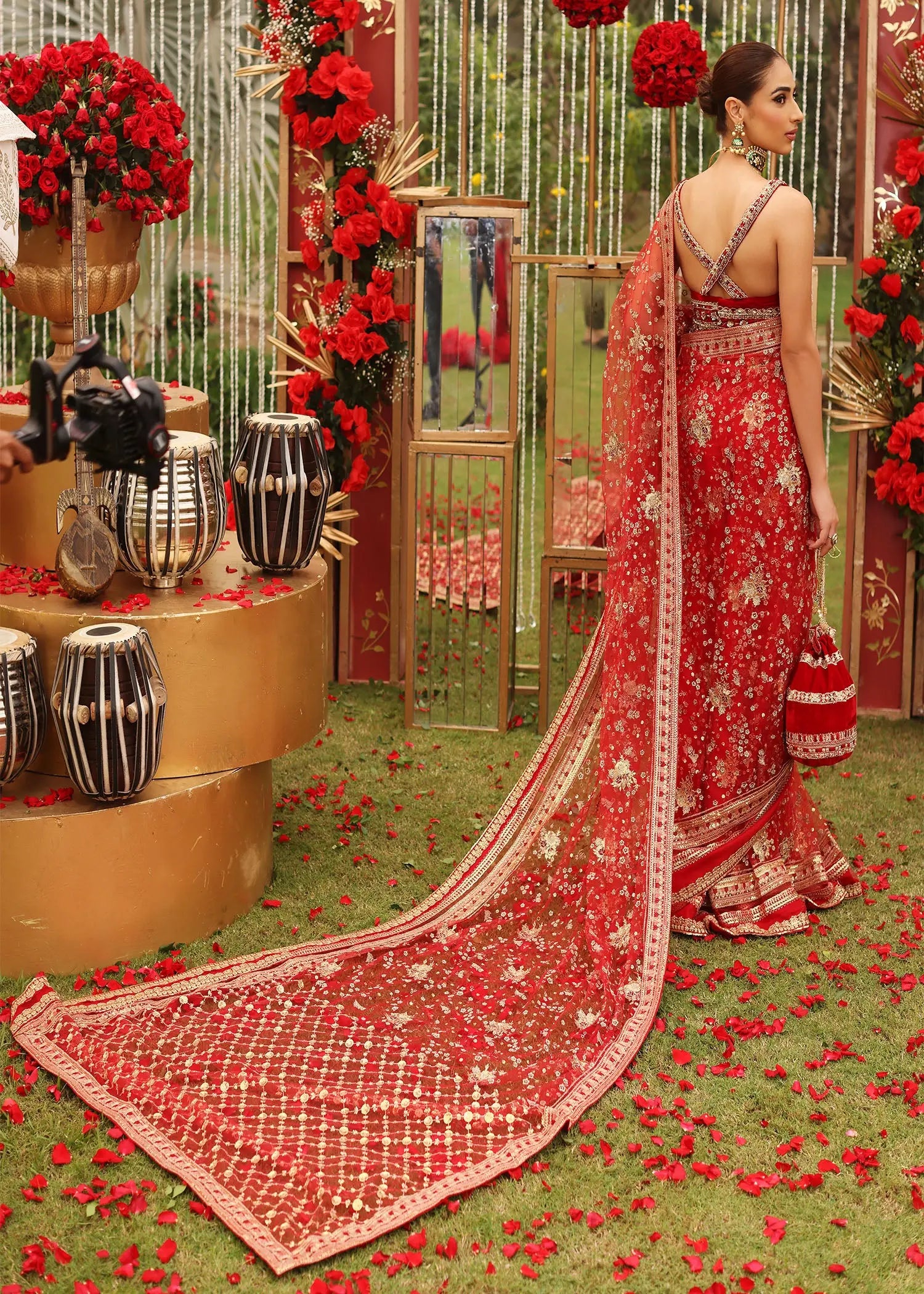 Ruby Red Embellished Velvet & Net Saree (2-Piece) - Image 7