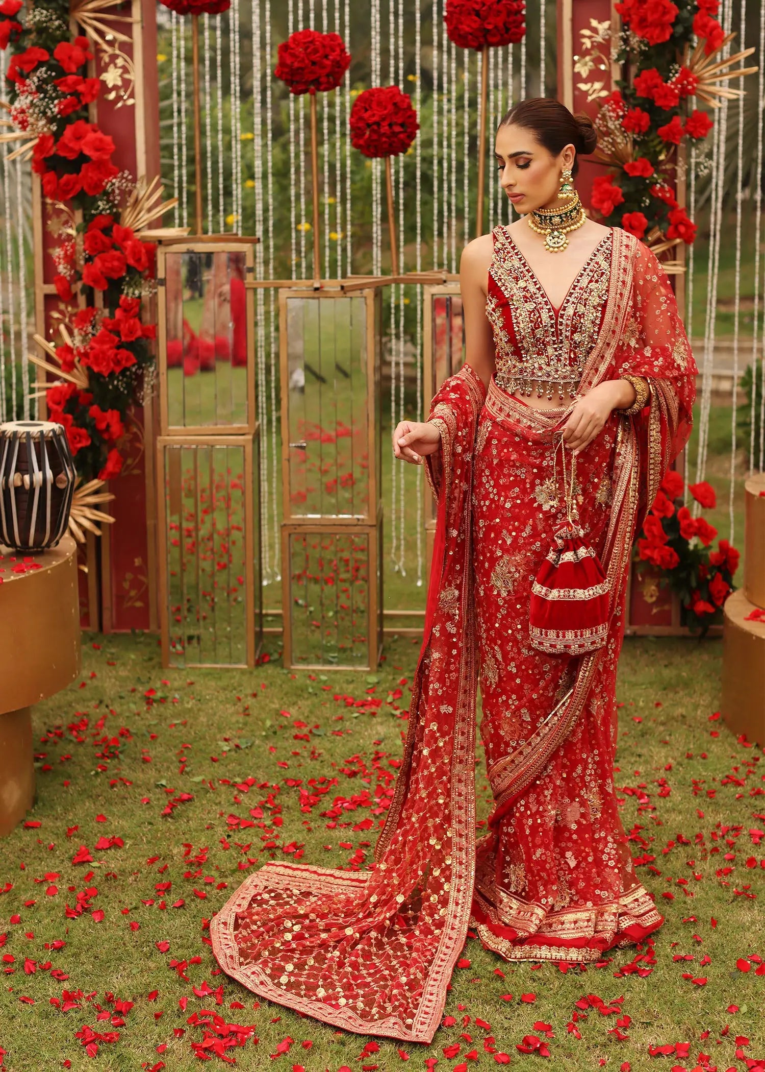 Ruby Red Embellished Velvet & Net Saree (2-Piece) - Image 8
