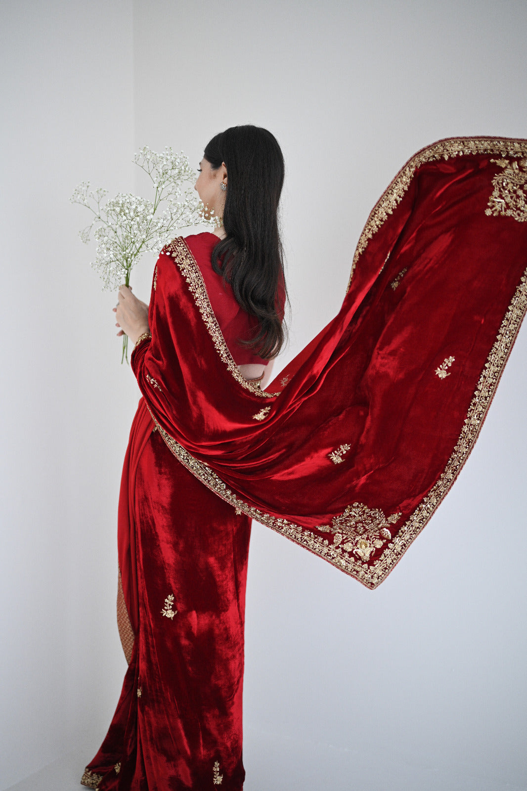 Pakistani Deep Red Hand-Embellished Velvet Saree (2-Piece) - Image 3