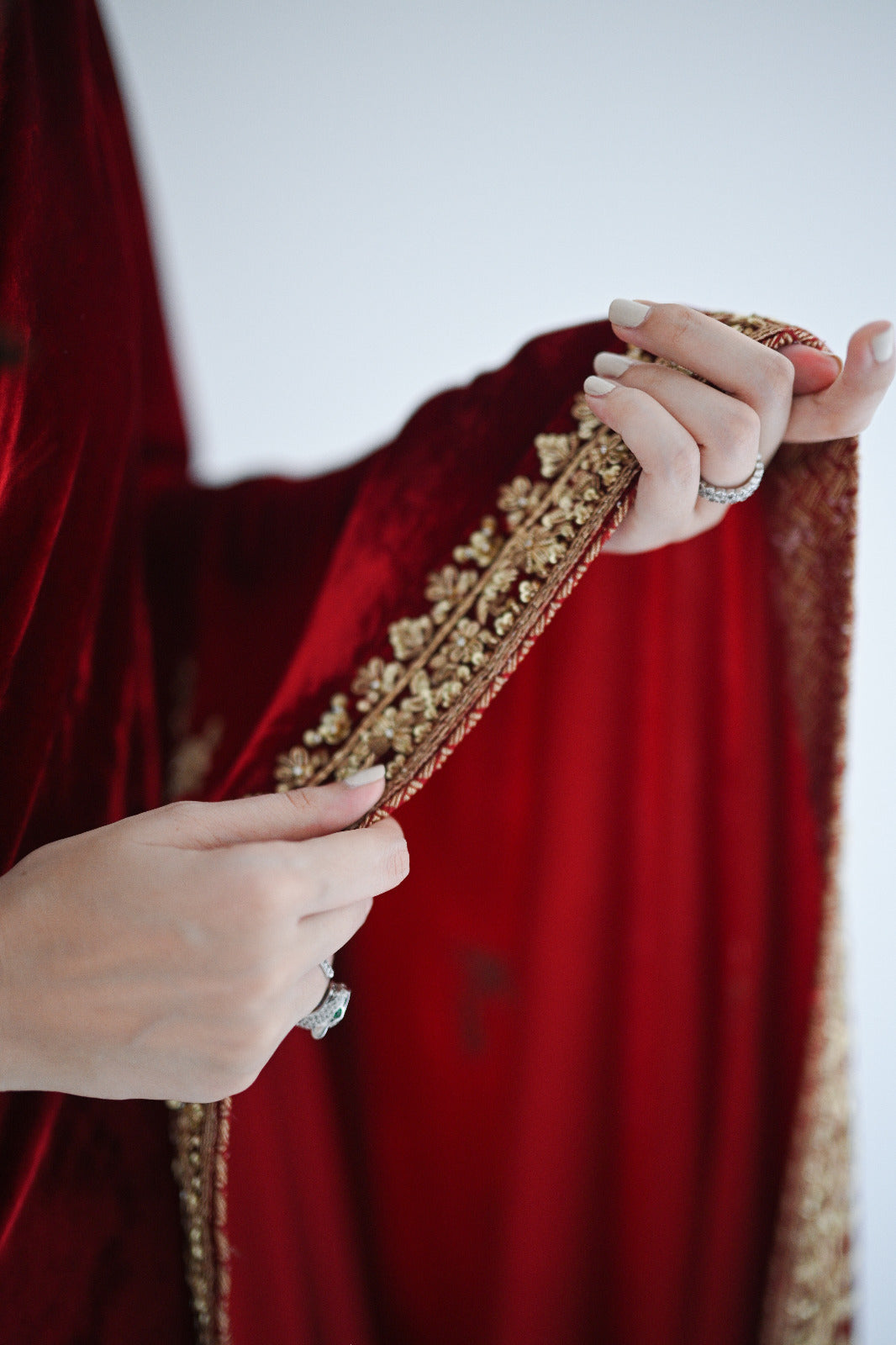 Deep Red Antique Gold Velvet Saree (2-Piece) - Image 4