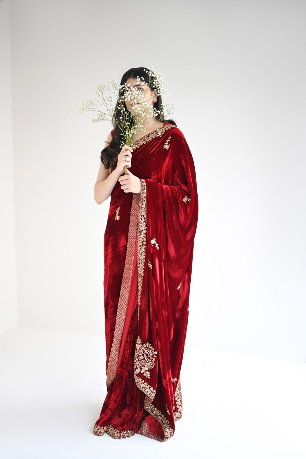 Deep Red Antique Gold Velvet Saree (2-Piece) - Image 5