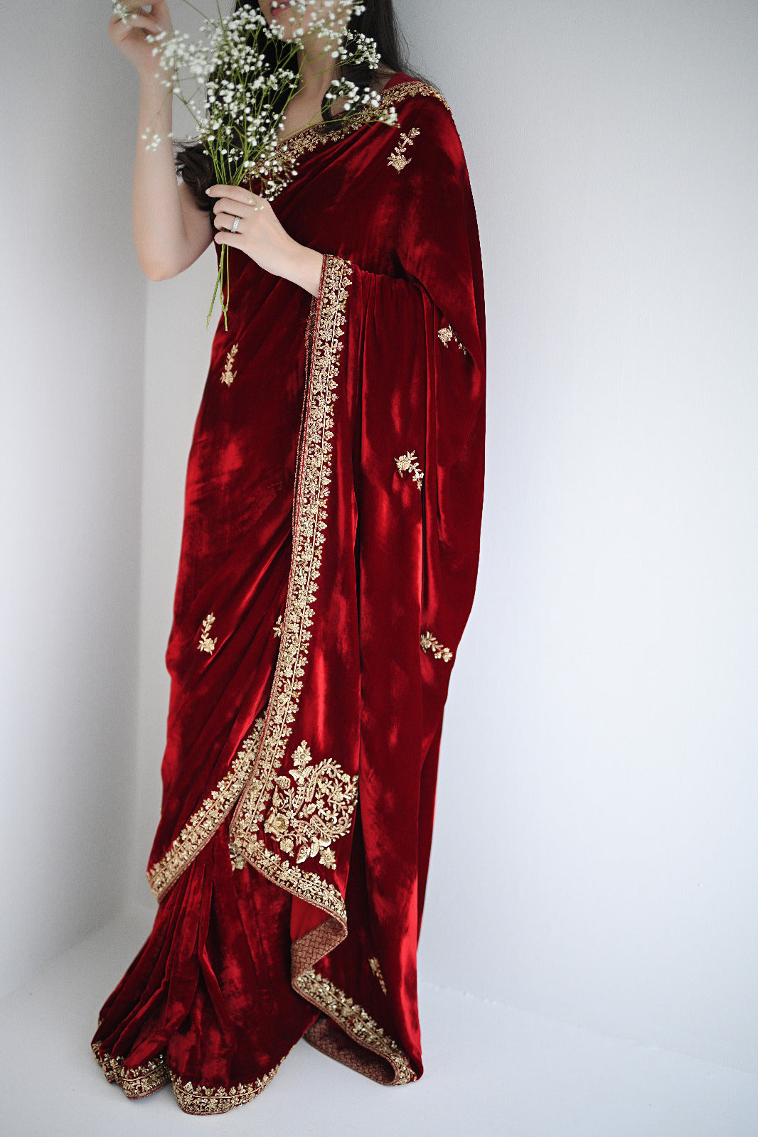 Deep Red Antique Gold Velvet Saree (2-Piece) - Image 6