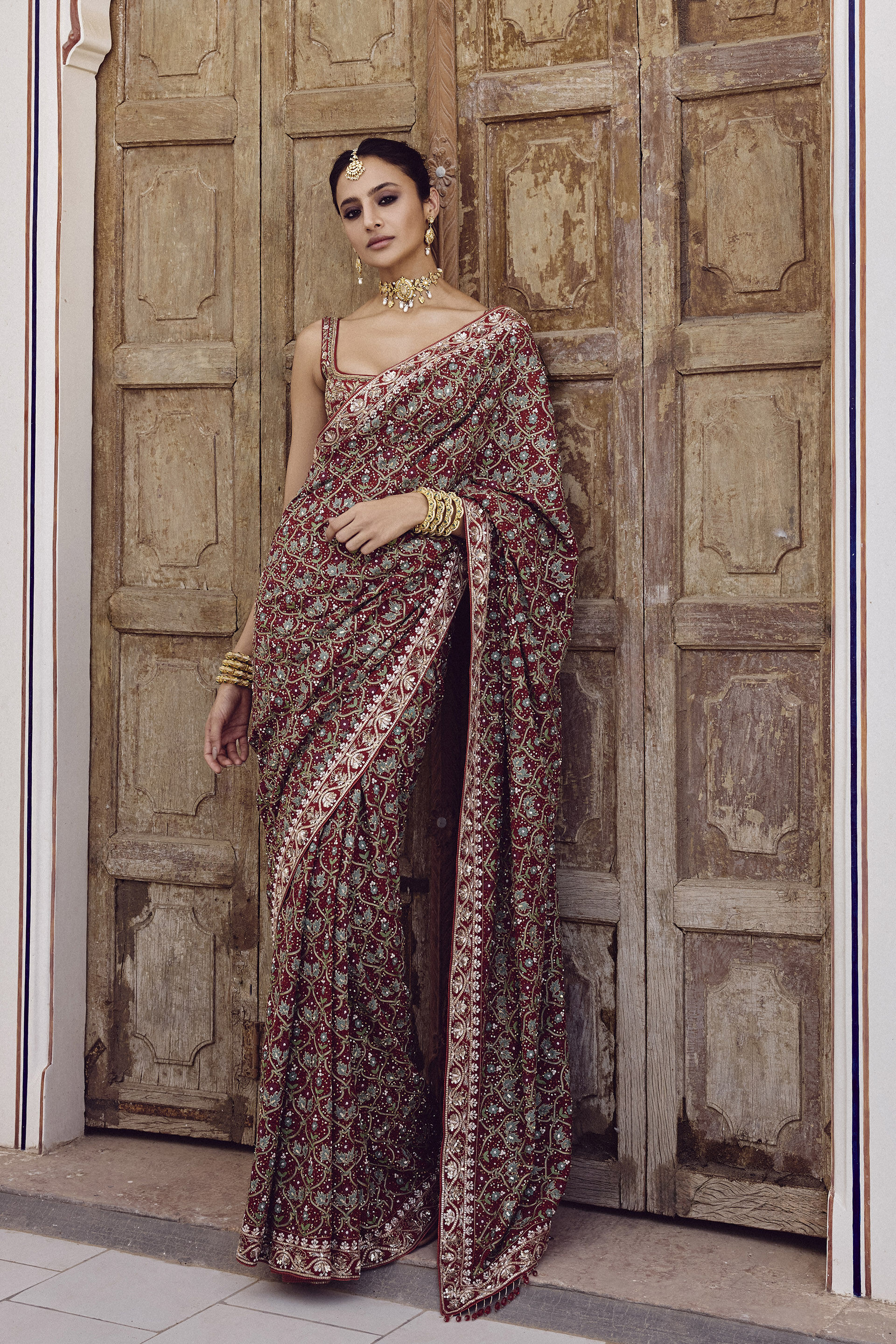 Deep Red Zardozi Embroidered Viscose Georgette Saree (2-Piece) - Image 1