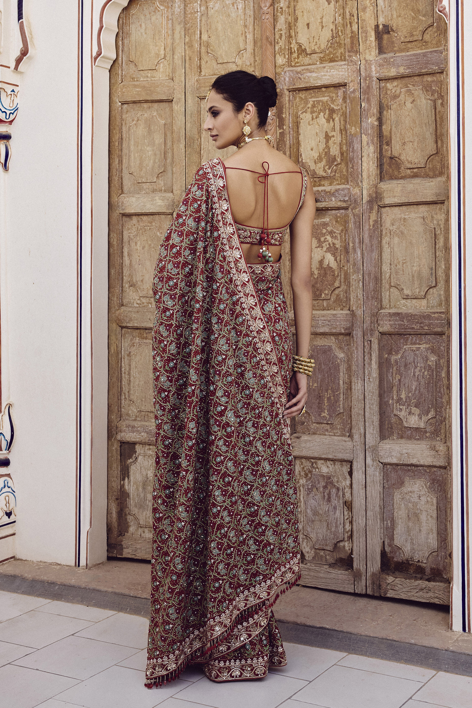 Deep Red Zardozi Embroidered Viscose Georgette Saree (2-Piece) - Image 2