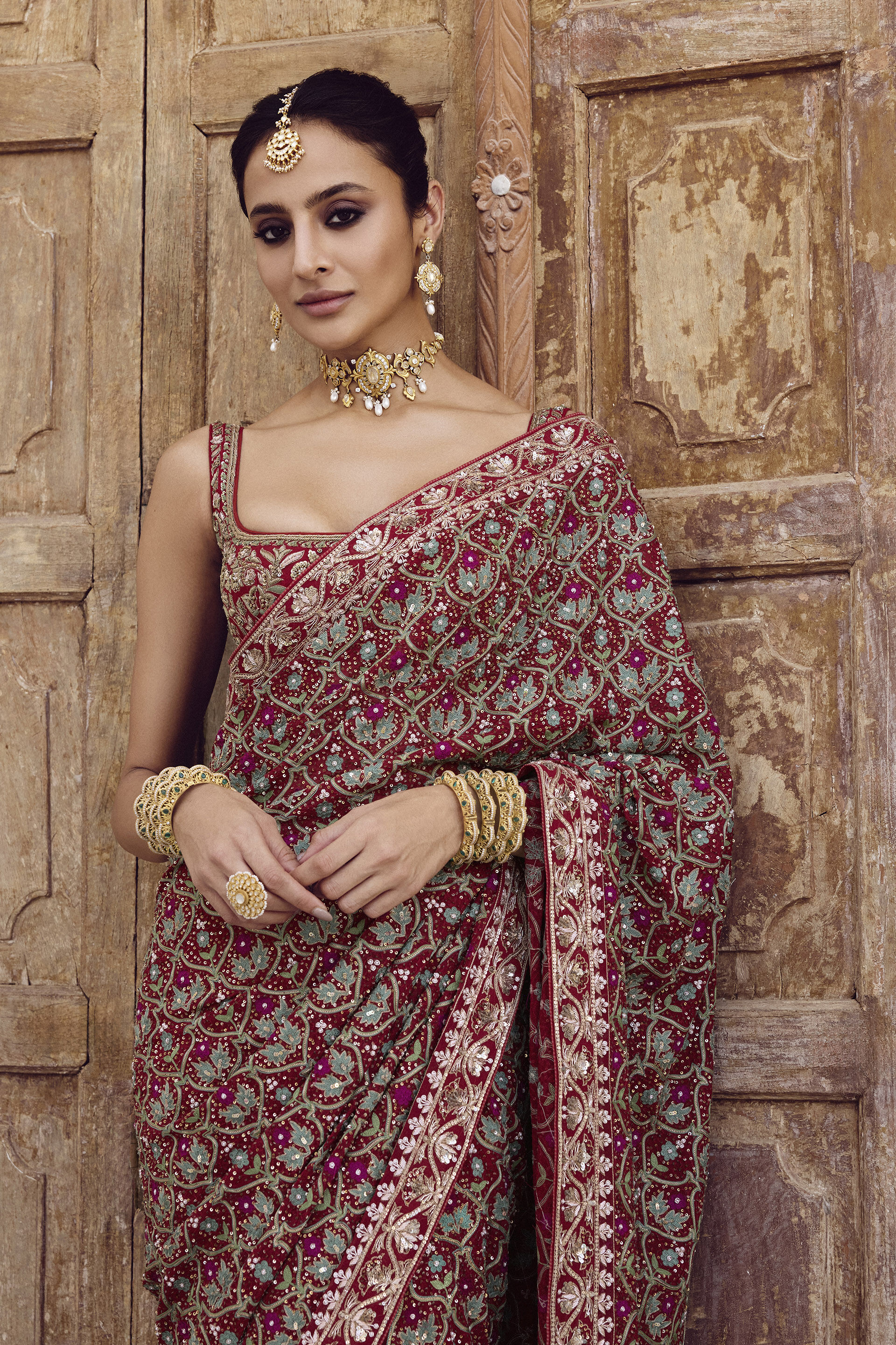Deep Red Zardozi Embroidered Viscose Georgette Saree (2-Piece) - Image 3