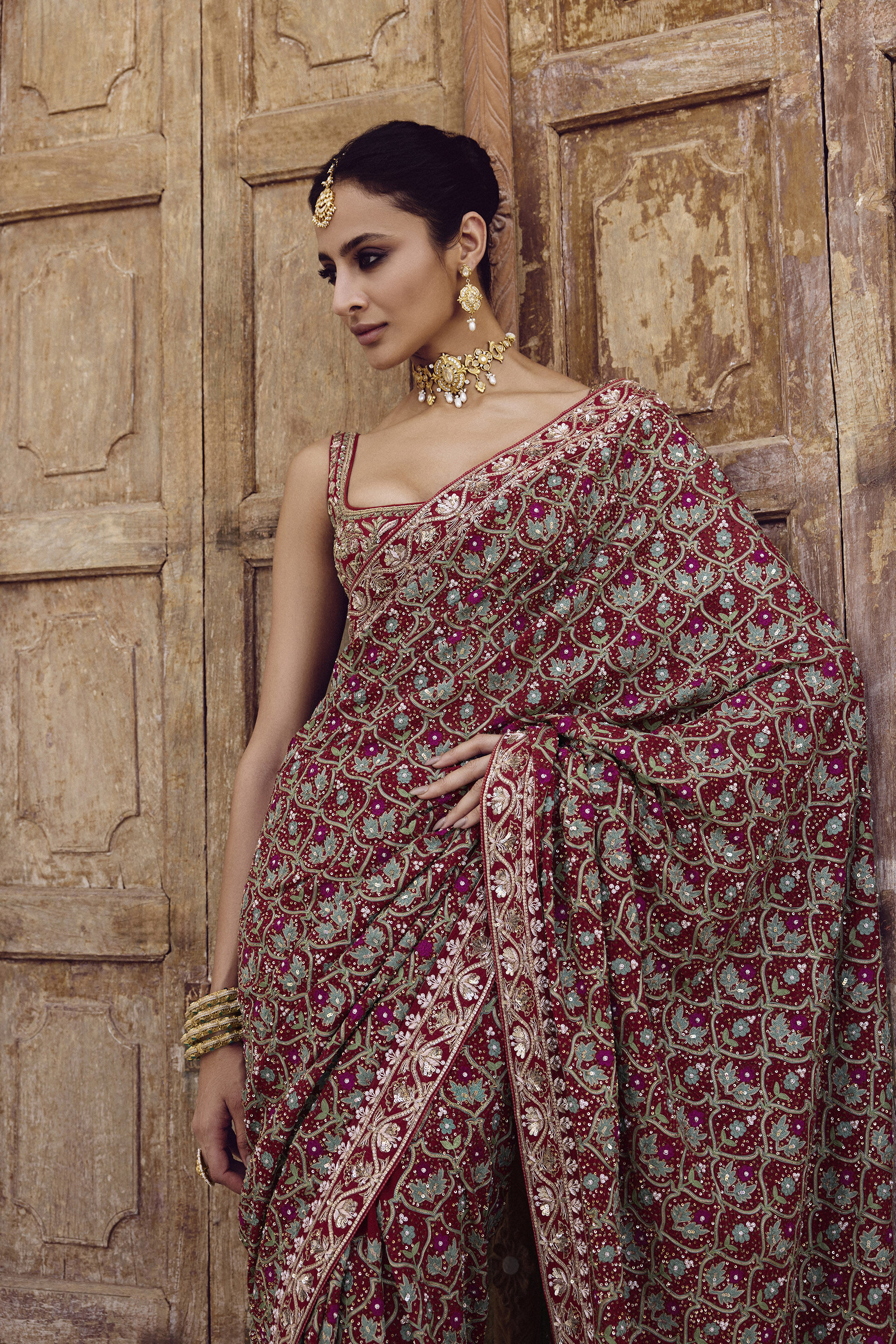 Deep Red Zardozi Embroidered Viscose Georgette Saree (2-Piece) - Image 4