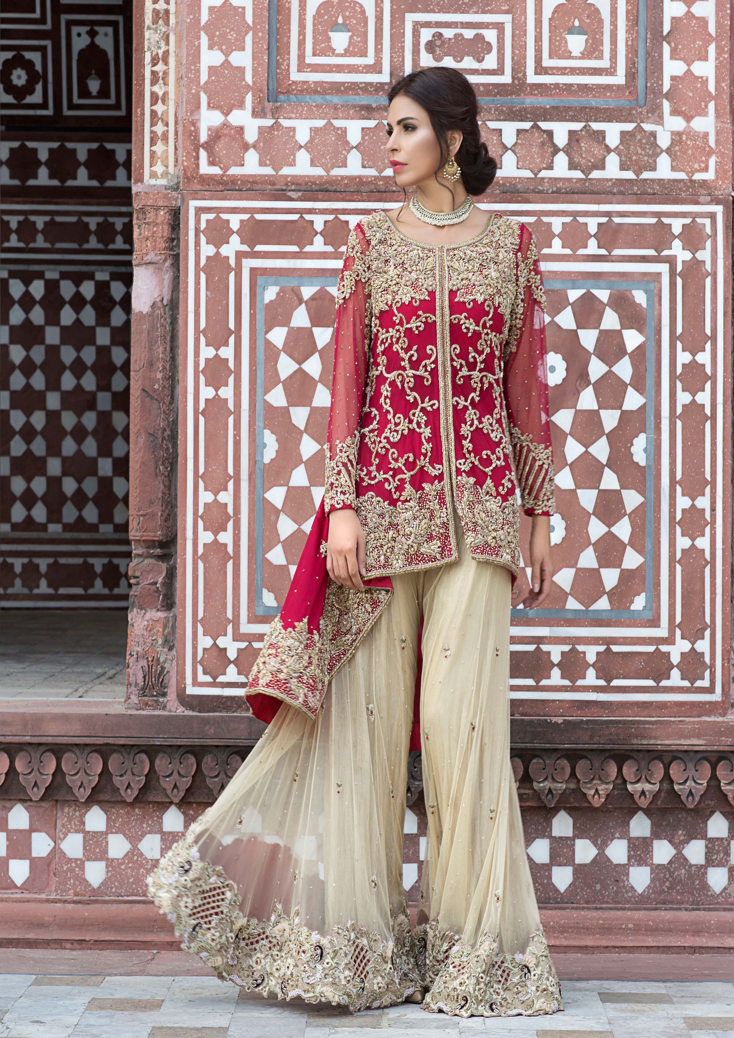 Pakistani Red Embroidered Chiffon Sharara (3-Piece) - Image 1