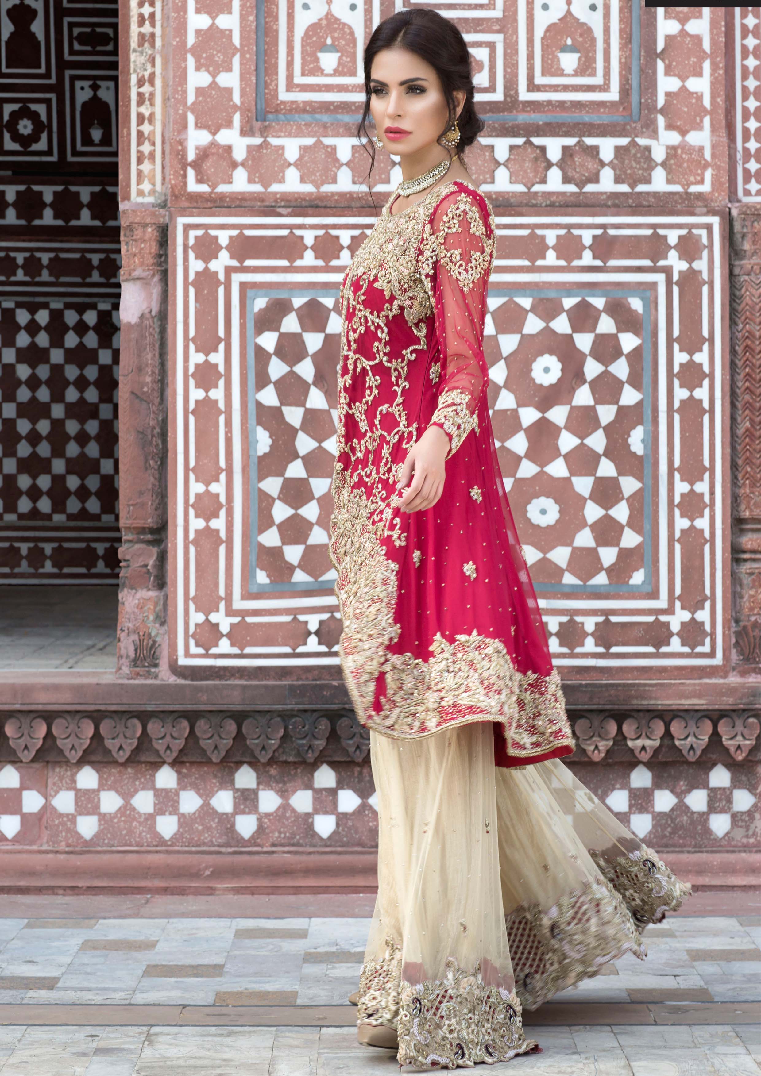 Pakistani Red Embroidered Chiffon Sharara (3-Piece) - Image 2