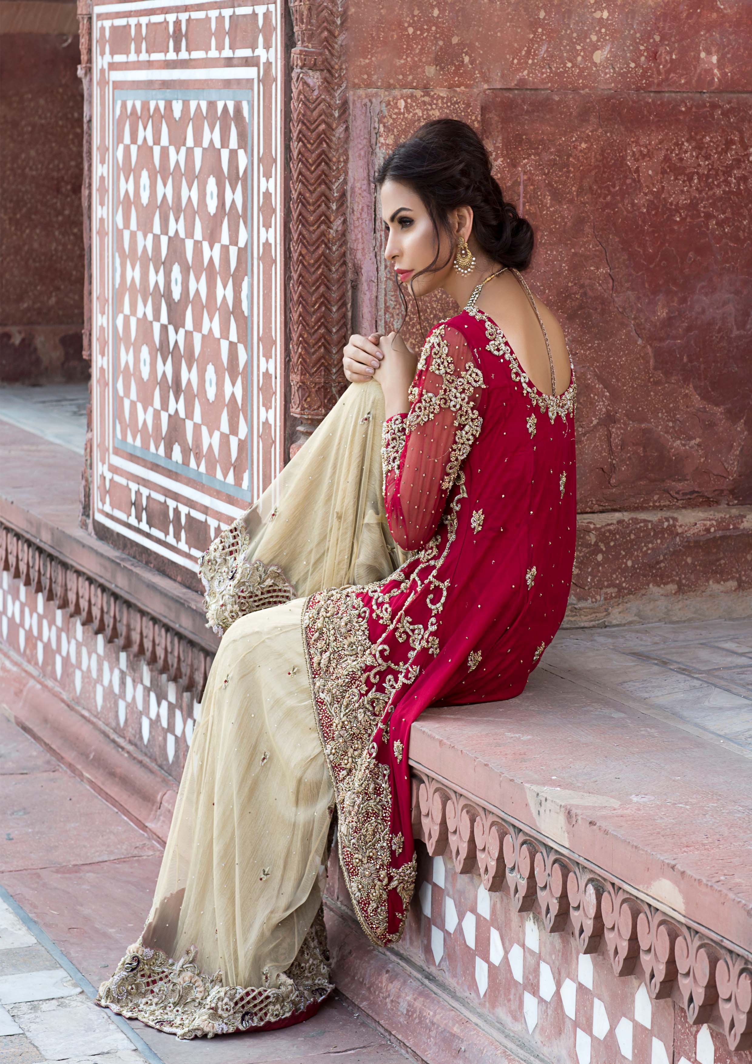 Red Embroidered Chiffon Sharara (3-Piece) - Image 3