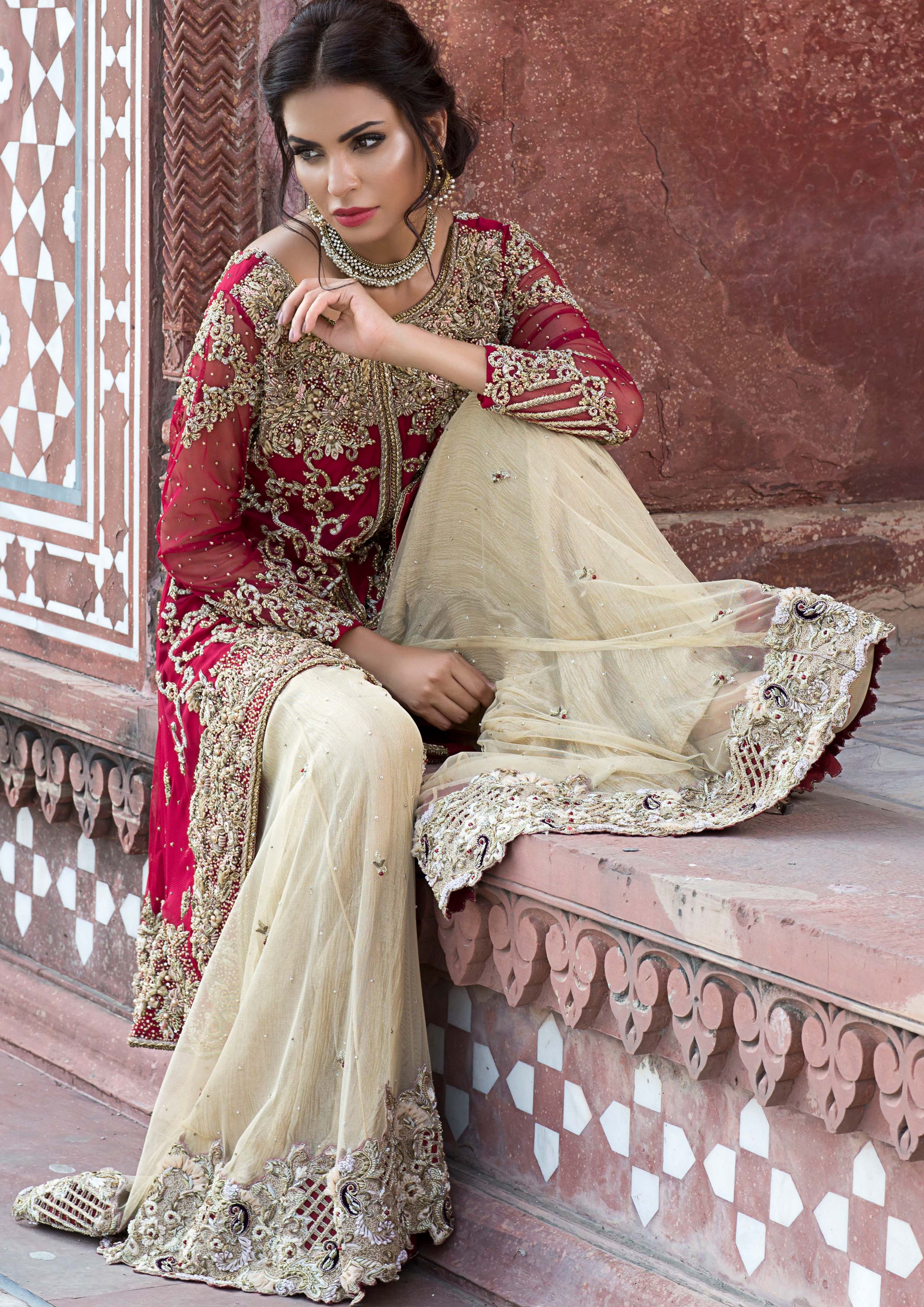 Red Embroidered Chiffon Sharara (3-Piece) - Image 4