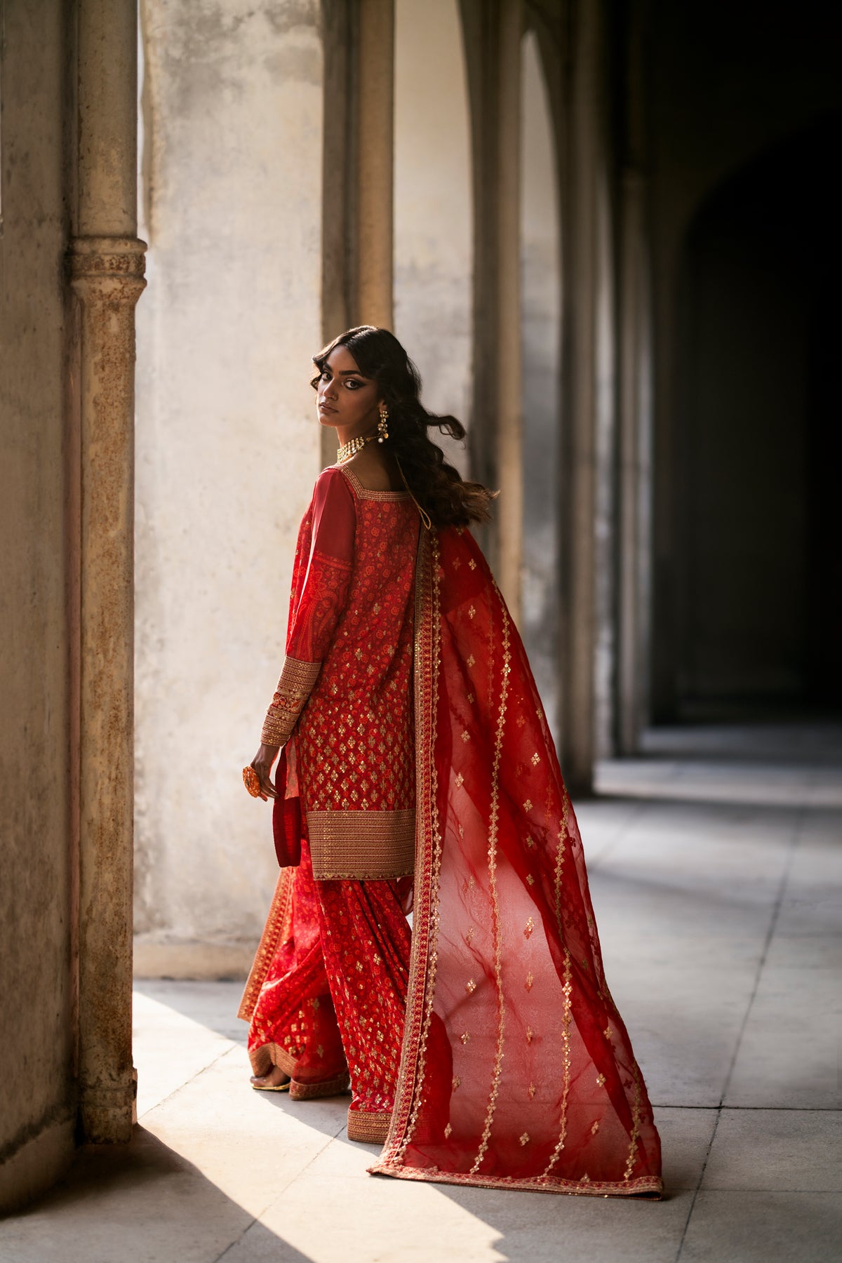 Red Embroidered Grip Sharara (3-Piece) - Image 2