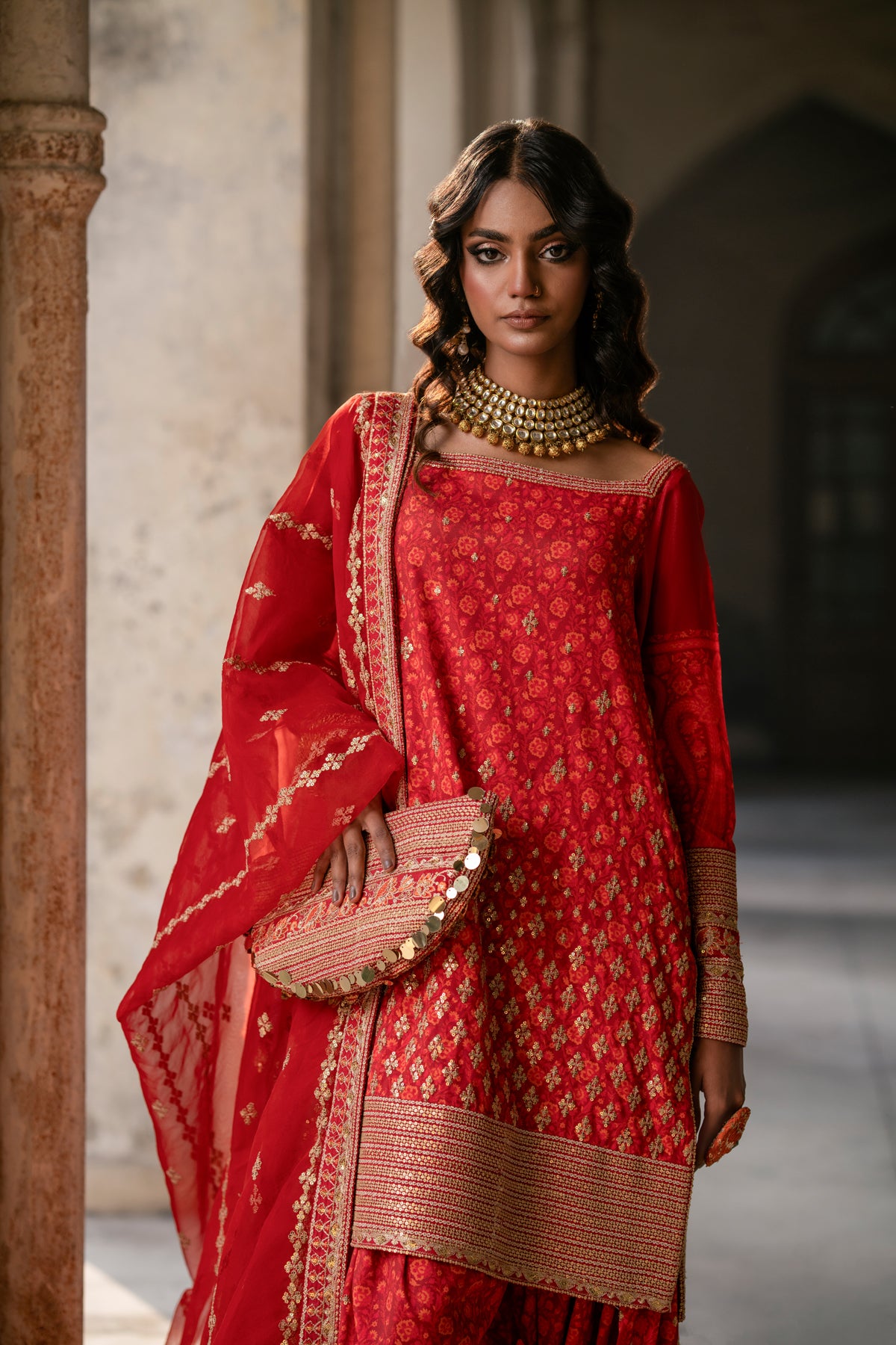 Red Embroidered Grip Sharara (3-Piece) - Image 4