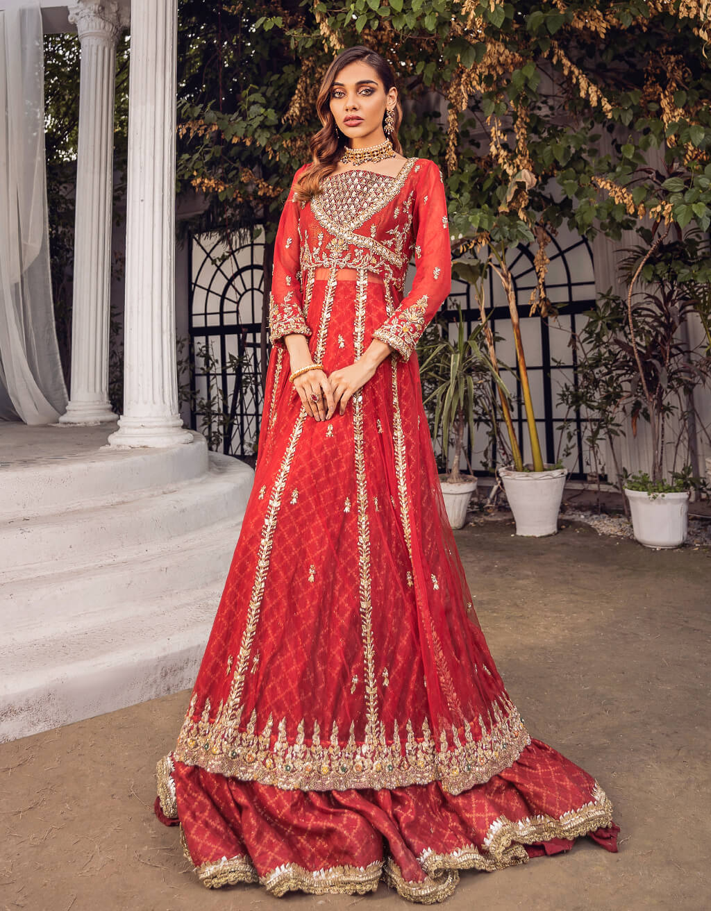 Indian Deep Red Embroidered Jamawar Sharara (2-Piece) - Image 1
