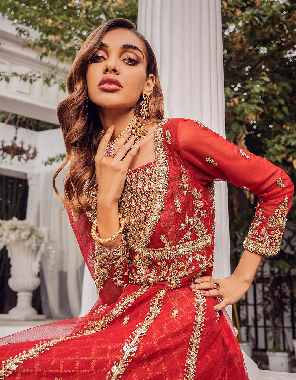 Indian Deep Red Embroidered Jamawar Sharara (2-Piece) - Image 2