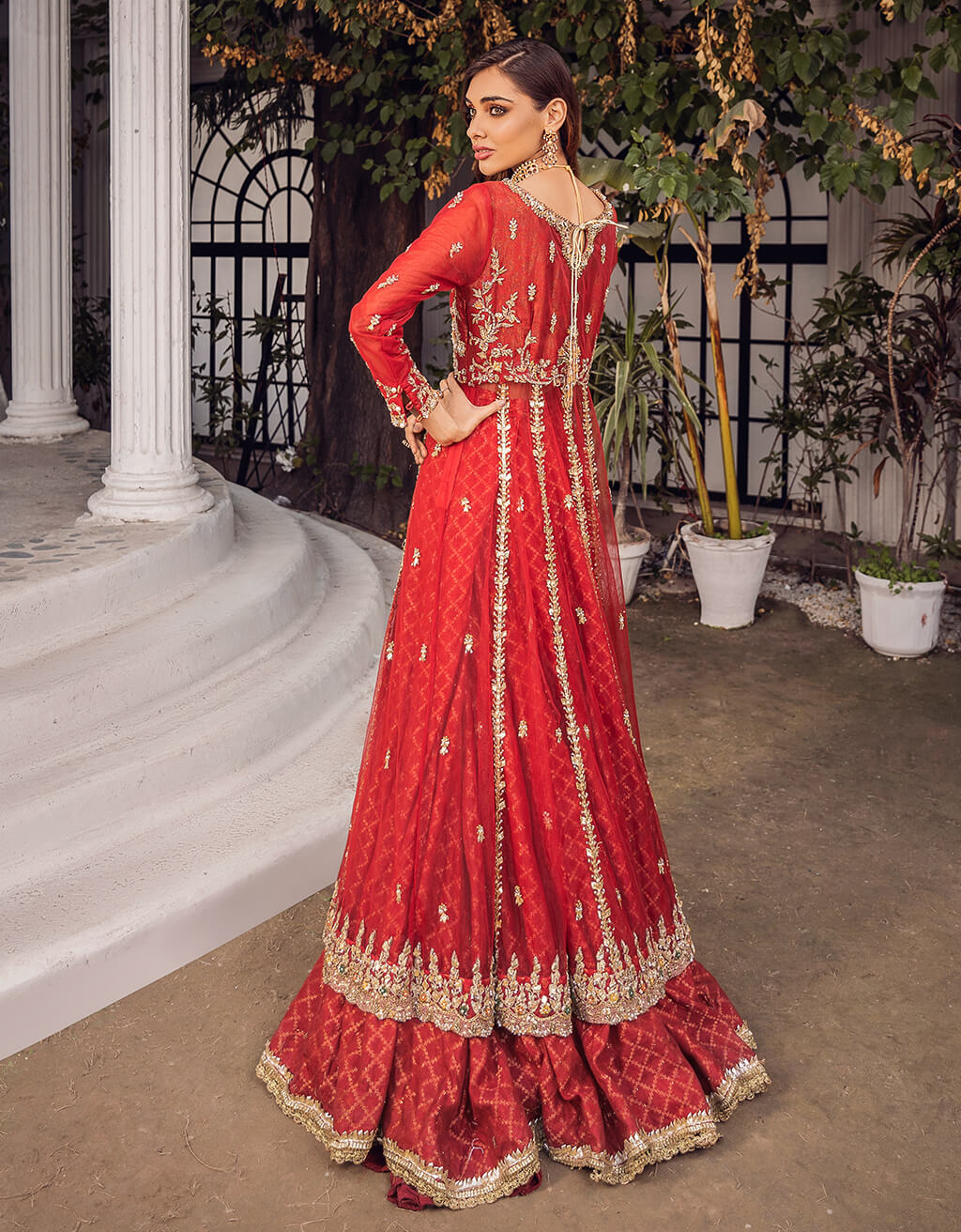 Indian Deep Red Embroidered Jamawar Sharara (2-Piece) - Image 3