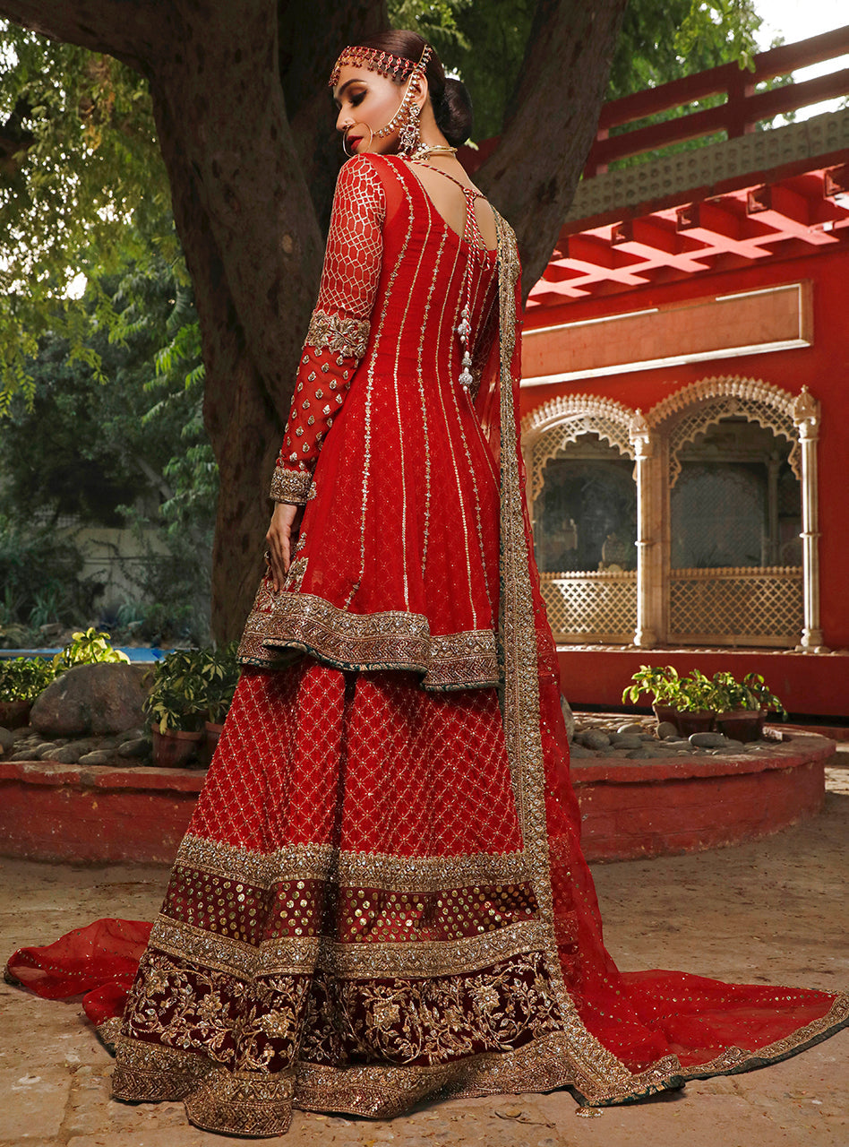 Pakistani Red Embroidered Chiffon Angarkha Sharara (3-Piece) - Image 2