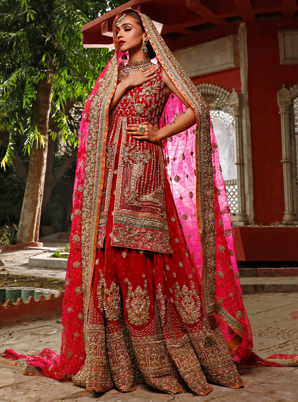 Pakistani Red Embroidered Chiffon Angarkha Sharara (3-Piece) - Image 6