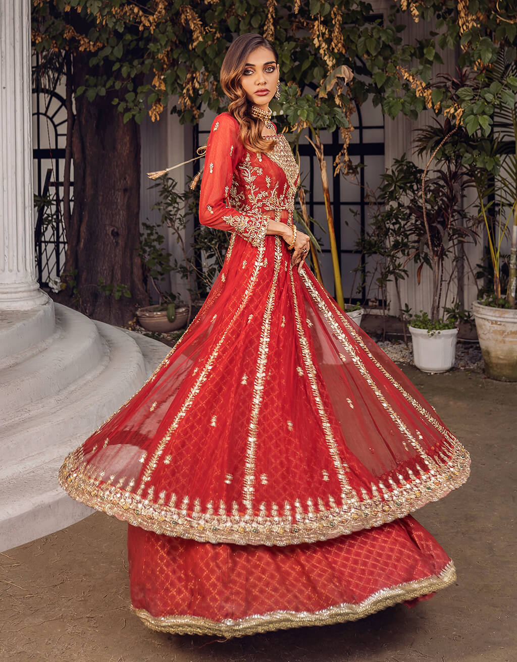 Pakistani Deep Red Embroidered Jamawar Sharara Set (2-Piece) - Image 4