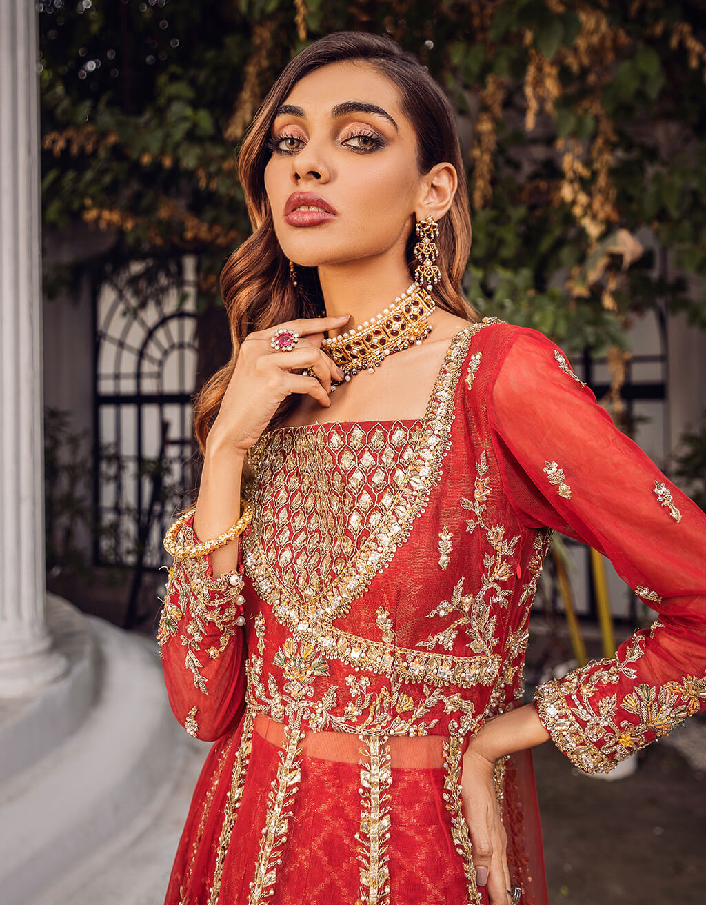 Pakistani Deep Red Embroidered Jamawar Sharara Set (2-Piece) - Image 5