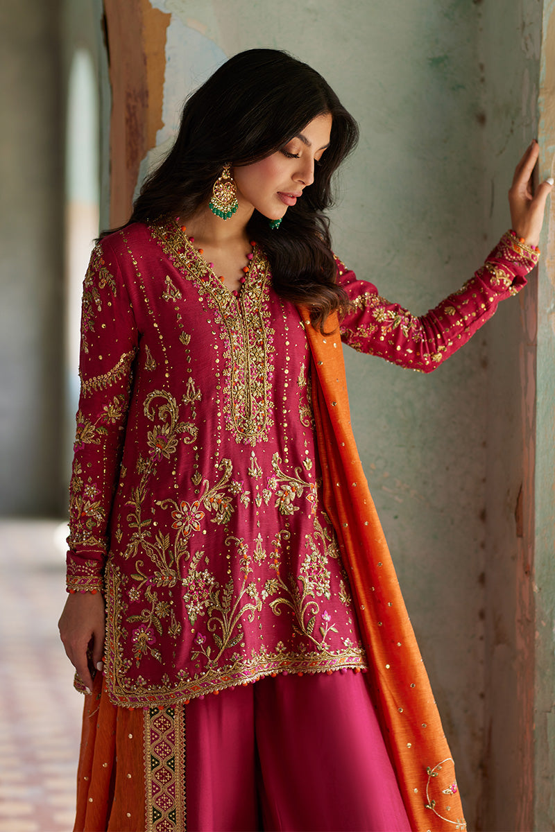 Deep Red Embroidered Khaddi Silk Sharara (3-Piece) - Image 2