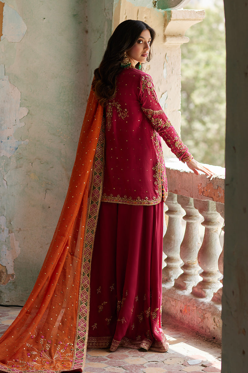 Deep Red Embroidered Khaddi Silk Sharara (3-Piece) - Image 3
