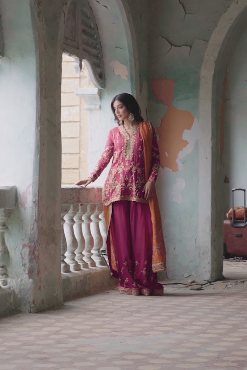 Deep Red Embroidered Khaddi Silk Sharara (3-Piece) - Image 8