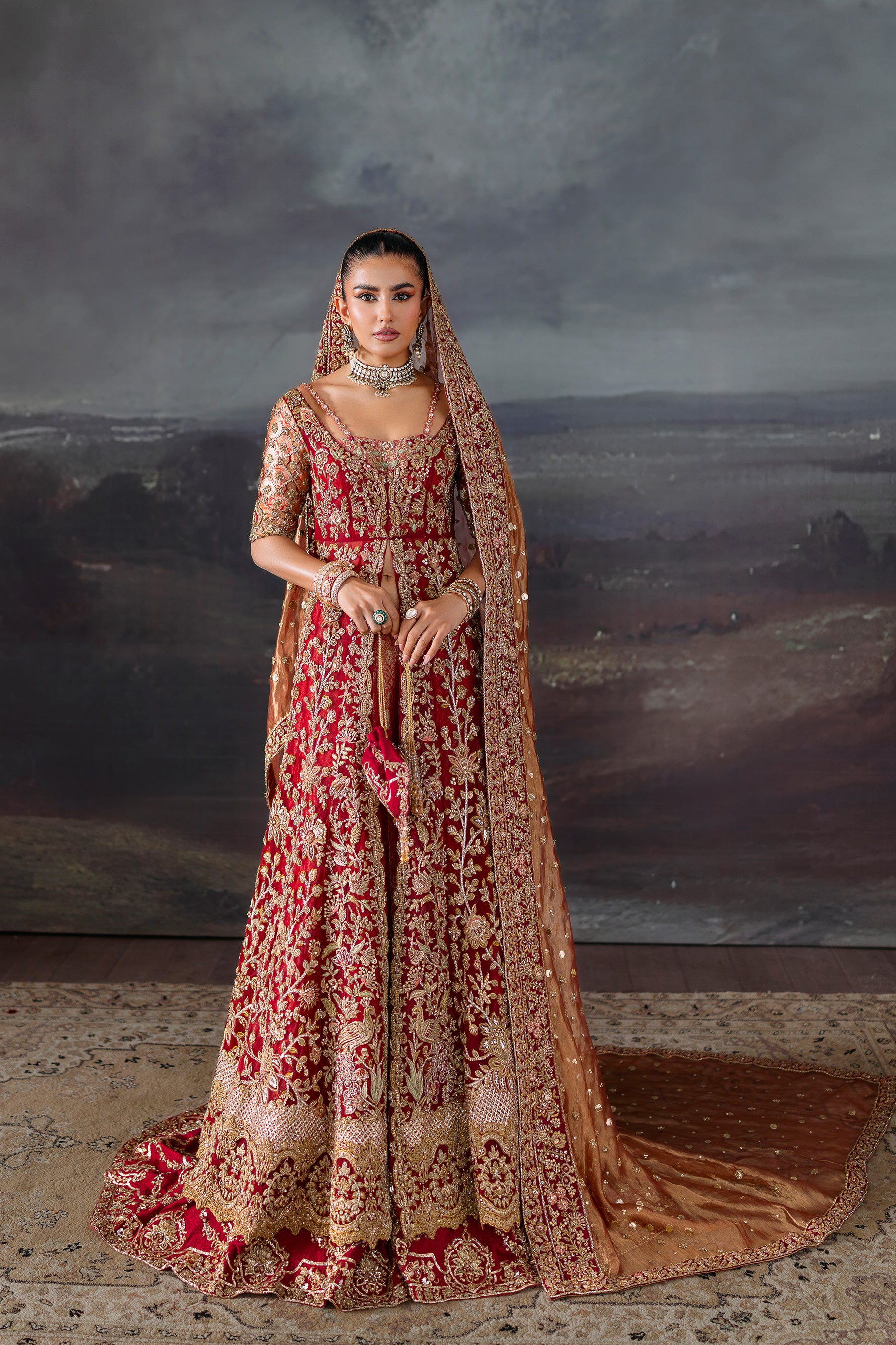 Pakistani Red Zardozi Khaddi Silk & Jamawar Bridal Sharara (4-Piece) - Image 1
