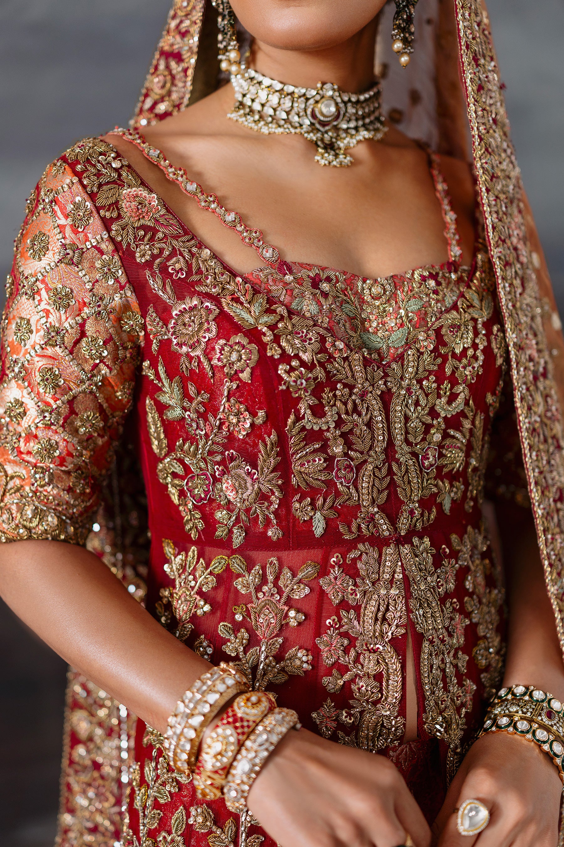 Indian Red Zardozi Khaddi Silk Bridal Sharara (4-Piece) - Image 2