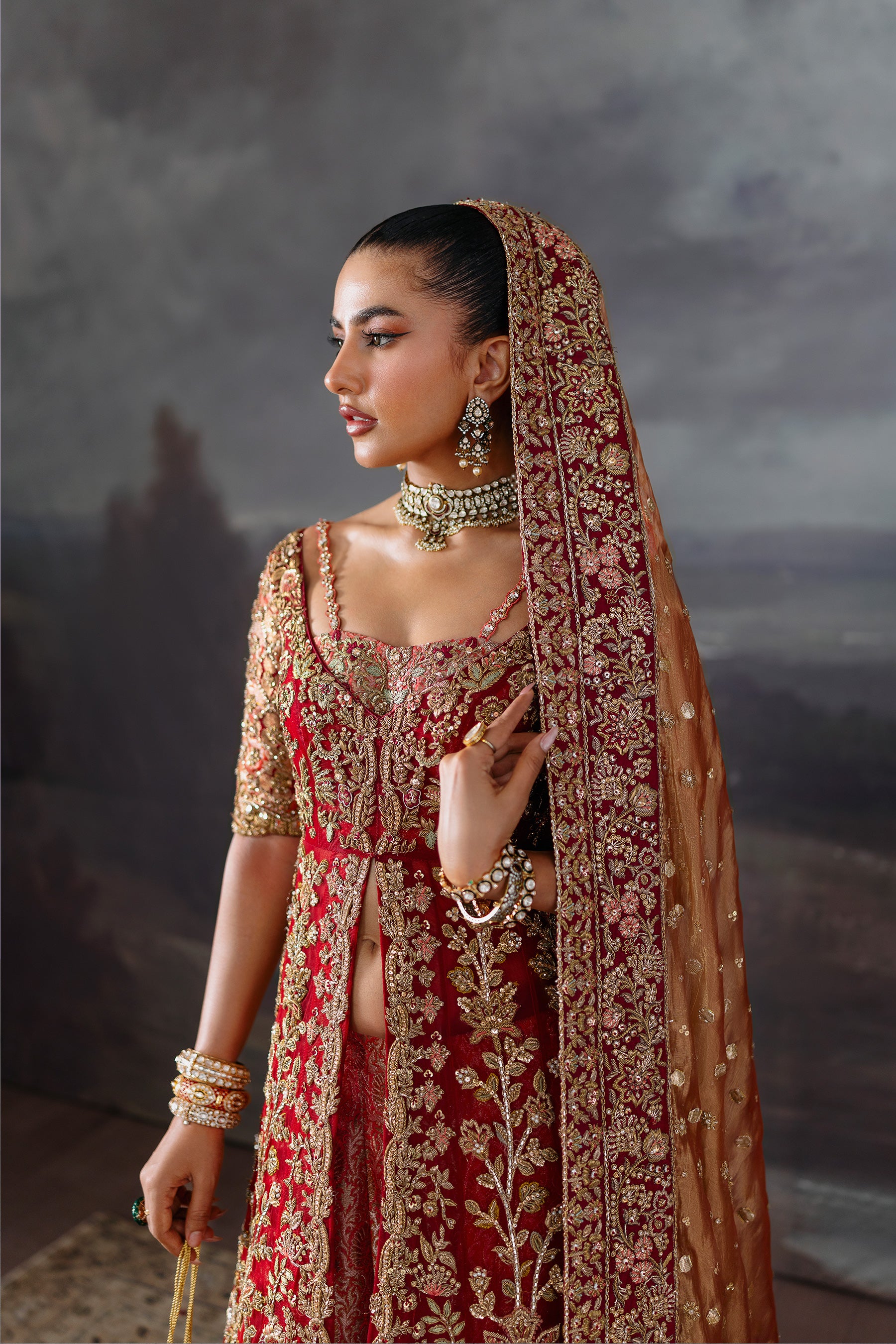 Indian Red Zardozi Khaddi Silk Bridal Sharara (4-Piece) - Image 3